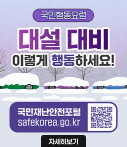 국민행동요령
대설 대비
이렇게 행동하세요!
국민재난안전포털
safekorea.go.kr
QR코드 국민재난안전포털 바로가기 https://www.safekorea.go.kr
자세히보기