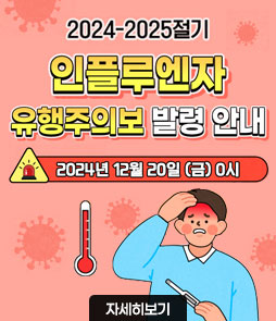 2024-2025절기
인플루엔자
유행주의보 발령 안내
2024년 12월 20일 (금) 0시
자세히보기