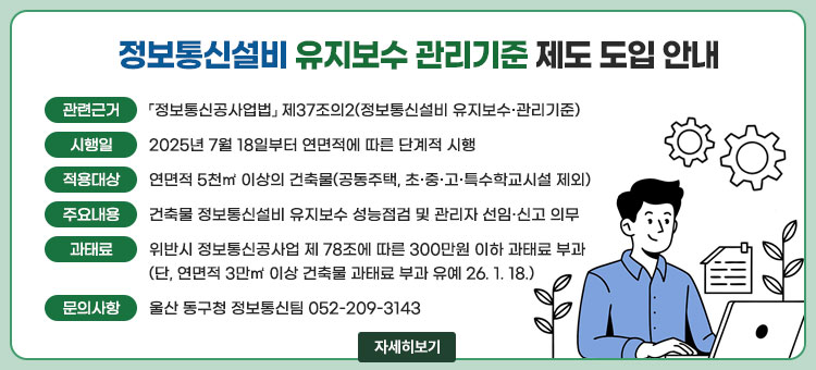 정보통신설비 유지보수 관리기준 제도 도입 안내
ㆍ관련근거 : 「정보통신공사업법」 제37조의2(정보통신설비 유지보수·관리기준)
ㆍ시행일 : 2025년 7월 18일부터 연면적에 따른 단계적 시행
ㆍ적용대상 : 연면적 5천㎡ 이상의 건축물(공동주택, 초·중·고·특수학교시설 제외)
ㆍ주요내용 : 건축물 정보통신설비 유지보수 성능점검 및 관리자 선임·신고 의무
ㆍ과태료 : 위반시 정보통신공사업 제 78조에 따른 300만원 이하 과태료 부과(단, 연면적 3만㎡ 이상 건축물 과태료 부과 유예 26. 1. 18.)
ㆍ문의사항 : 울산 동구청 정보통신팀 052-209-3143
자세히보기