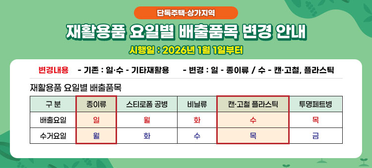 단독주택&middot;상가지역
재활용품 요일별 배출품목 변경 안내
시행일 : 2026년 1월 1일부터
ㆍ변경내용
- 기존 : 일&middot;수 - 기타재활용
- 변경 : 일 - 종이류 / 수 - 캔&middot;고철, 플라스틱
ㆍ재활용품 요일별 배출품목
- 종이류 : 배출요일 일, 수거요일 월
- 스티로폼 공병 : 배출요일 월, 수거요일 화
- 비닐류 : 배출요일 화, 수거요일 수
- 캔&middot;고철 플라스틱 : 배출요일 수, 수거요일 목
- 투명페트병 : 배출요일 목, 수거요일 금