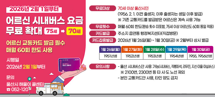 2026년 2월 1일부터
어르신 시내버스 요금 무료 확대
75세&rarr;70세
어르신 교통카드 발급 필수
매월 60회 한도 사용
울산광역시 어르신 교통카드
ㆍ시행일 : 2026년 2월 1일부터&nbsp;
ㆍ문의 : 울산시 해울이 콜센터 ☎ 052-120
ㆍ무료대상 : 70세 이상 울산시민(1956. 2. 1. 이전 출생자, 이후 출생자는 생일 이후 발급)
※ 기존 교통카드를 발급받은 어르신은 계속 사용 가능
ㆍ무료횟수 : 매월 60회 한도(환승 횟수 미포함, 75세 이상 어르신도 60회 동일 적용)
ㆍ카드발급 : 주소지 읍면동 행정복지센터(직접방문)&nbsp;
ㆍ카드집중발급 : &nbsp;2026년 1월 26일(월) ~ 1월 30일(금) ※ 2월부터 상시 발급
- 1월 26일(월) 1951년생
- 1월 27일(화) 1952년생
- 1월 28일(수) 1953년생
- 1월 29일(목) 1954년생
- 1월 30일(금) 1955, 1956년생&nbsp;
ㆍ유의사항
- 울산 시내버스만 사용 가능 (시내버스, 직행좌석, 리무진, 지선&middot;마을&middot;마실버스)
※2100번, 2300번 등 타 시&middot;도 노선 제외
- 본인 교통카드만 사용, 타인 양도 금지