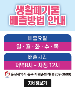 생활폐기물 배출방법 안내
배출요일: 일, 월, 화, 수, 목
배출시간: 저녁 8시&nbsp; ~자정 12시)
울산광역시 동구 자원순환과 (전화 209-3600)
자세히보기
&nbsp;
