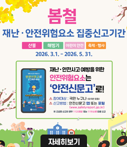 봄철
재난&middot;안전위험요소 집중신고기간
산불, 해빙기, 어린이 안전, 축제&middot;행사
2026.3.1.~2026.5.31.

자세히보기