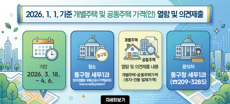 2026. 1. 1. 기준 개별주택 및 공동주택 가격(안) 열람 및 의견제출

기간: 2026. 3. 18.~4. 6.
장소:&nbsp;동구청 세무1과
인터넷열람: 부동산공시가격알리미 (www.reatyprice.kr)
열람 및 의견제출 내용: 개별주택&bull;공동주택가격 (토지&bull;건물 일체가격)
문의처: 동구청 세무1과 (209-3285)
&nbsp;