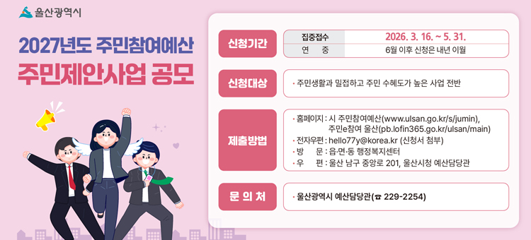 2027년도 주민참여예산 주민제안사업 공모

[신청기간]
집중접수: 2026. 3. 16. ~ 5. 31.
연 중: 6월 이후 신청은 내년 이월

[신청대상]
주민생활과 밀접하고 주민 수혜도가 높은 사업 전반

[제출방법]
&bull; 홈페이지: 시 주민참여예산(www.ulsan.go.kr/s/jumin),
&bull; 주민e참여 울산(pb.lofin365.go.kr/ulsan/main)
&bull; 전자우편: hello77y@korea.kr (신청서 첨부)
&bull; 방 문 : 읍&bull;면&bull;동 행정복지센터
&bull; 우편 : 울산 남구 중앙로 201, 울산시청 예산담당관

[문의처]
울산광역시 예산담당관(g229-2254)
&nbsp;