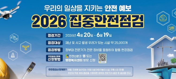 2026 집중안전점검 안내. 점검기간: 2026년 4월 20일부터 6월 19일까지. 점검대상: 재난 및 사고 발생 우려가 있는 시설 약 25,000개. 점검방법: 정부와 전문가가 전문 장비를 동원하여 합동 현장점검 진행. 주민점검신청제: 생활 주변 위험시설을 주민이 직접 신청하면 점검 후 결과를 안내함. 신청방법: 안전신문고 앱 또는 행정복지센터 방문 신청. 행정안전부 주관.