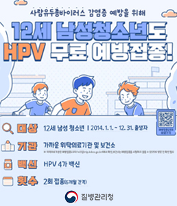 &nbsp;<br />
질병관리청, 사람유두종바이러스 감염증 예방을 위해 12세 남성청소년도 HPV 무료 예방접종! 안내 포스터. 하단 상세 정보로 첫째, 대상은 12세 남성 청소년(2014년 1월 1일부터 12월 31일 출생자)입니다. 둘째, 기관은 가까운 위탁의료기관 및 보건소입니다. (※ 위탁의료기관은 예방접종도우미 누리집 nip.kdca.go.kr에서 확인, 보건소는 예방접종을 시행하지 않을 수 있으므로 방문 전 확인 필요) 셋째, 백신은 HPV 4가 백신입니다. 넷째, 횟수는 2회 접종(6개월 간격)입니다. 우측 하단에는 예방접종도우미 바로가기 QR코드가 위치해 있습니다.<br />
&nbsp;<br />
&nbsp;